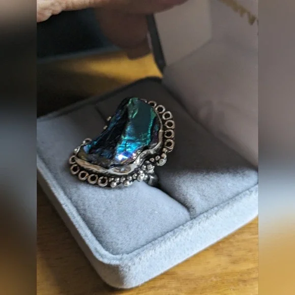 925 Sterling Silver Statement Ring Iridescent PeacocK Ore Stone Ring, Size 6.5‎ - Picture 3 of 6